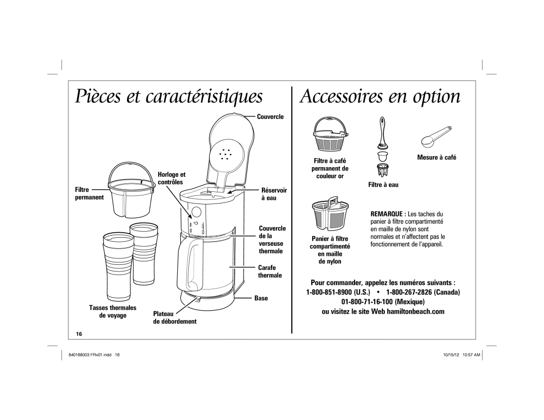 Hamilton Beach 45237R manual Pièces et caractéristiques, Carafe thermale 