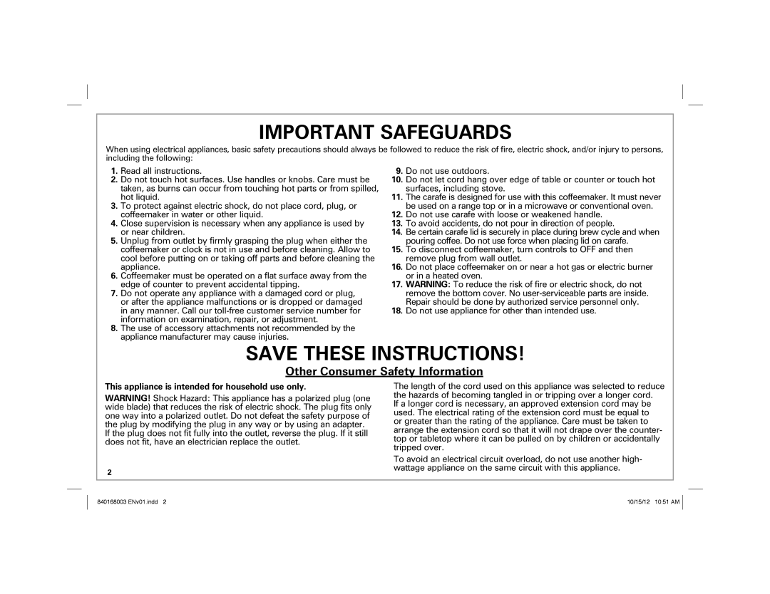 Hamilton Beach 45237R manual Important Safeguards, This appliance is intended for household use only 