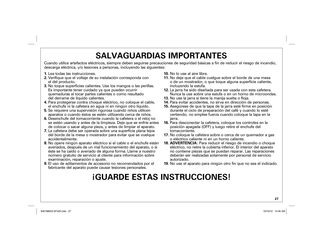 Hamilton Beach 45237R manual Salvaguardias Importantes 