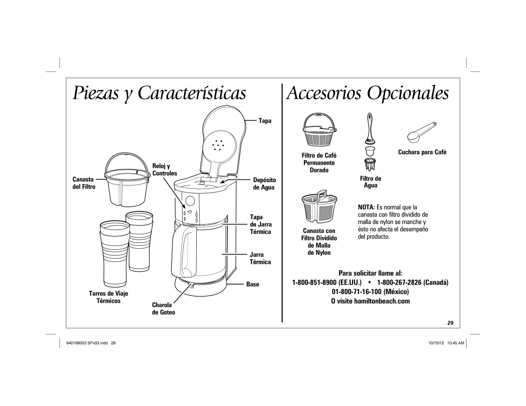 Hamilton Beach 45237R manual Canasta del Filtro, Tapa de Jarra Térmica, Charola de Goteo 