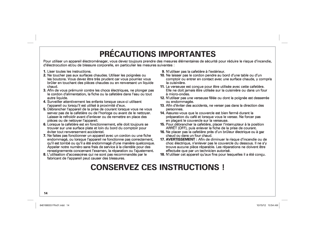 Hamilton Beach 45237R manual Précautions Importantes, Conservez Ces Instructions 