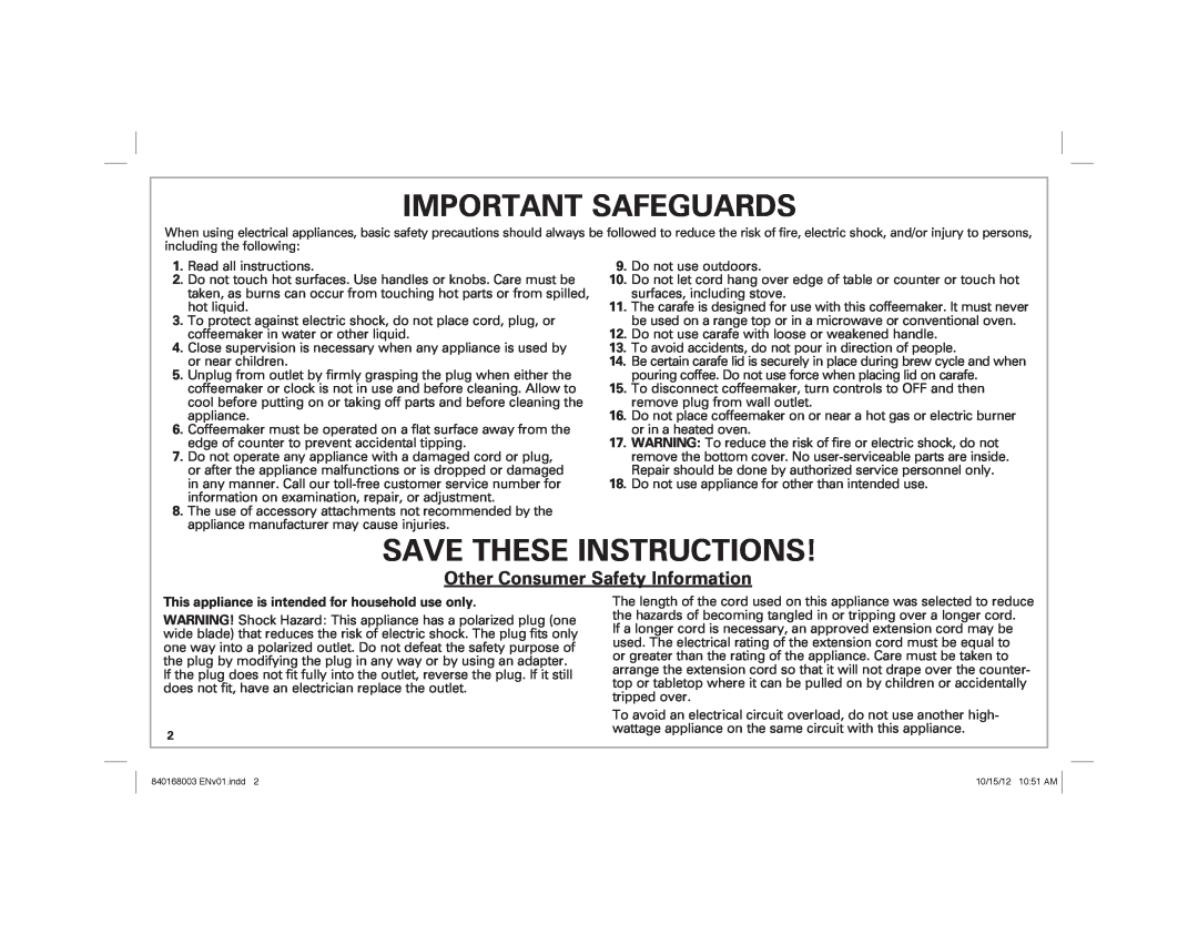 Hamilton Beach 45237R manual Important Safeguards, Save These Instructions, Other Consumer Safety Information 