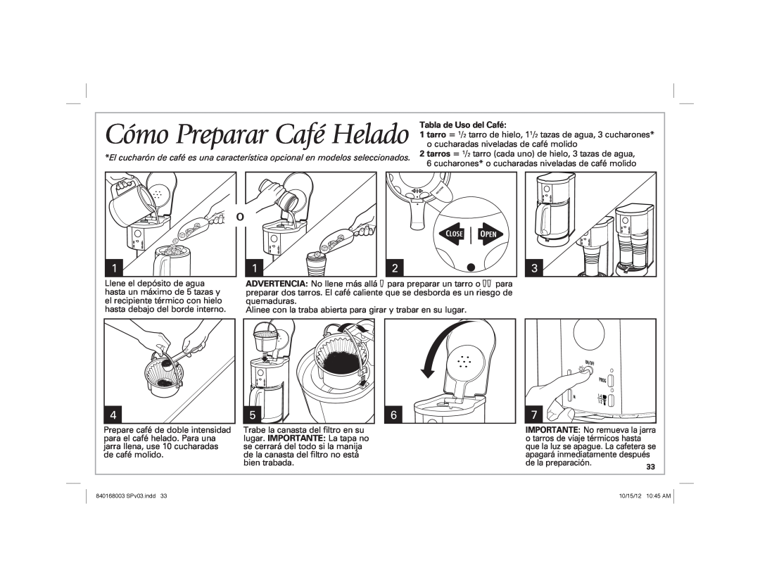 Hamilton Beach 45237R manual Cómo Preparar Café Helado, Tabla de Uso del Café 