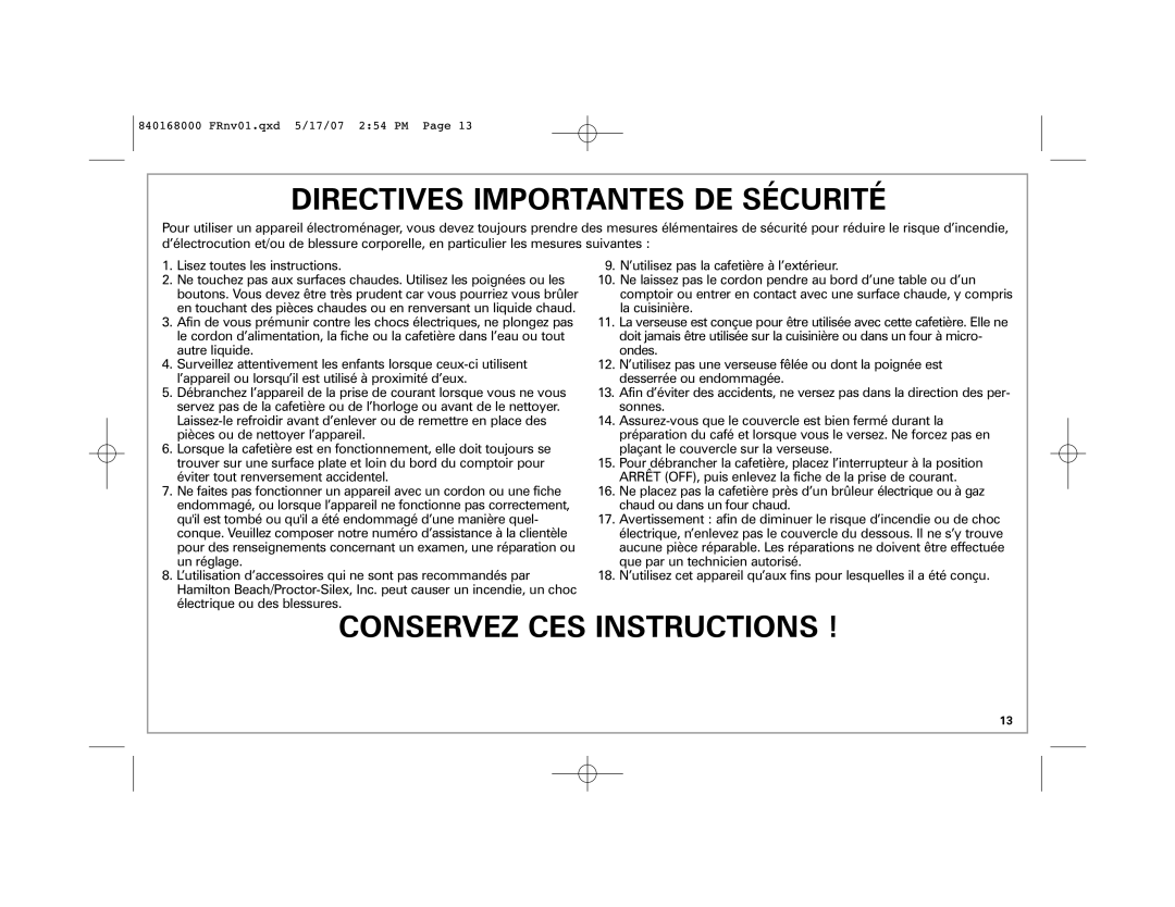 Hamilton Beach 45238C manual Directives Importantes DE Sécurité 