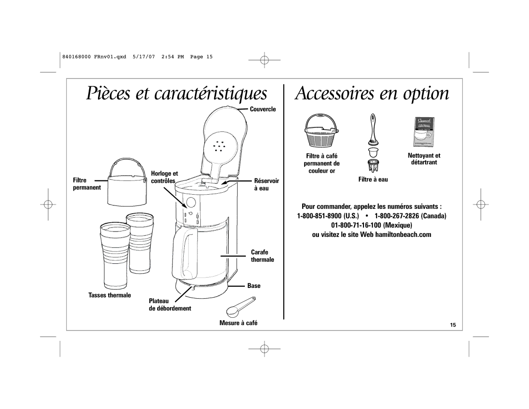 Hamilton Beach 45238C manual Pièces et caractéristiques, Accessoires en option 