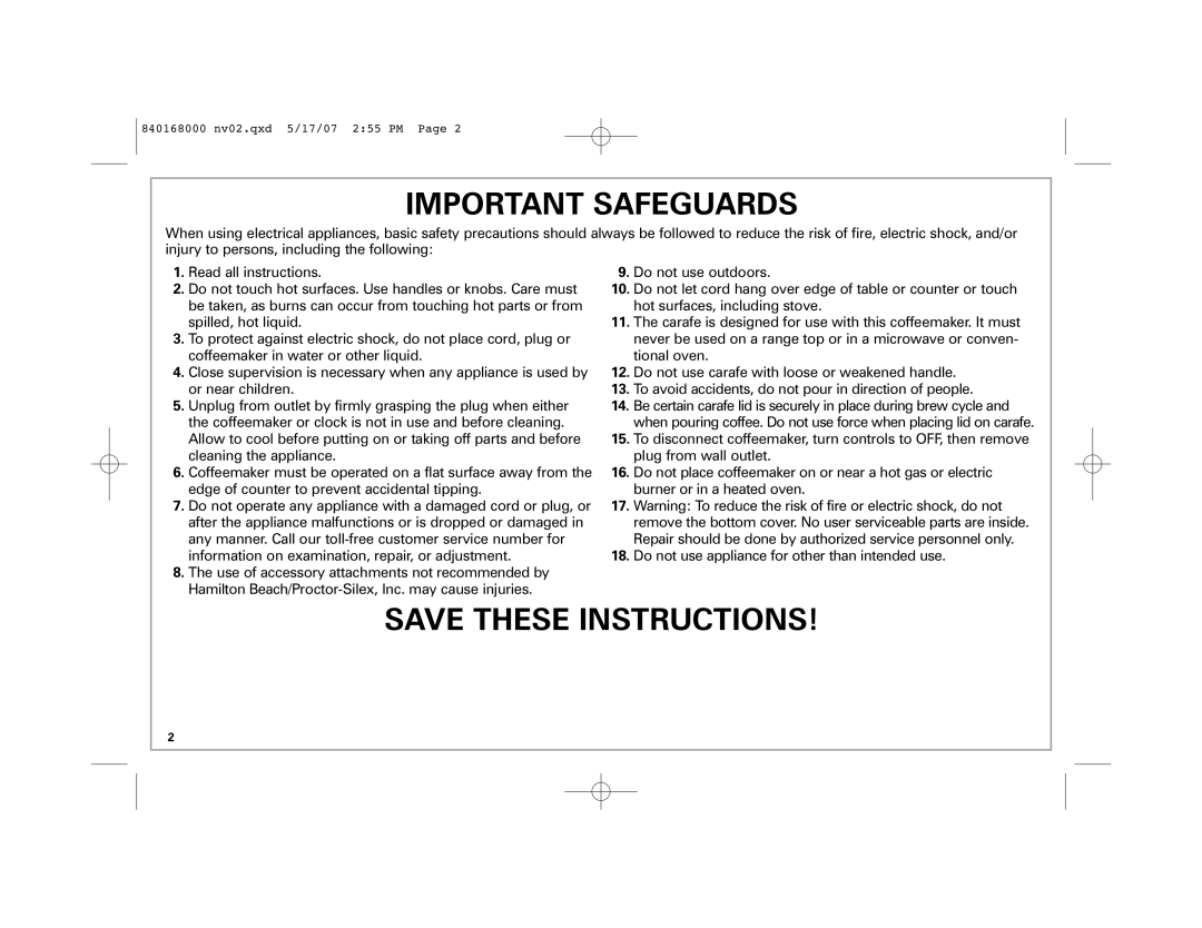 Hamilton Beach 45238C manual Important Safeguards 