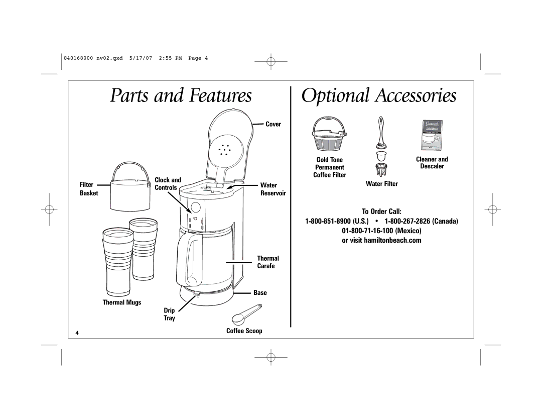 Hamilton Beach 45238C manual Parts and Features, Optional Accessories, Mexico or visit hamiltonbeach.com 