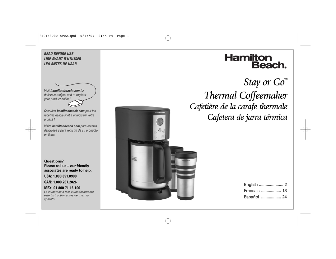 Hamilton Beach 45238C manual Stay or Go Thermal Coffeemaker, Read Before Use Lire Avant D’Utiliser, Lea Antes De Usar 