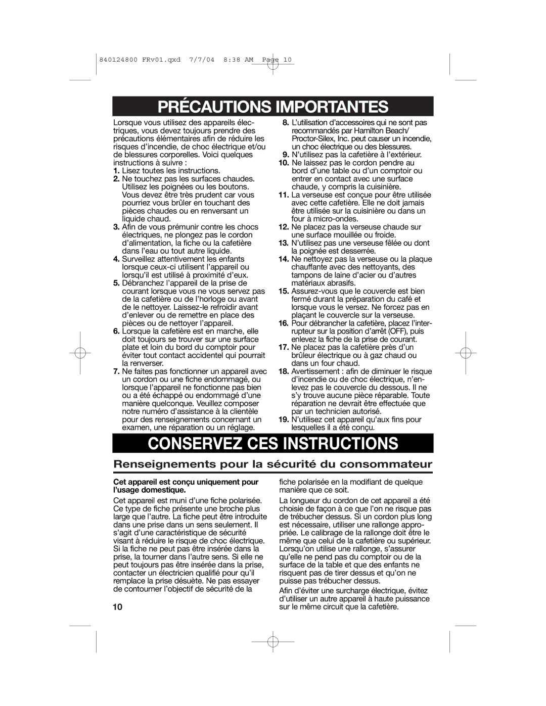 Hamilton Beach 46924 manual Précautions Importantes, Renseignements pour la sécurité du consommateur 