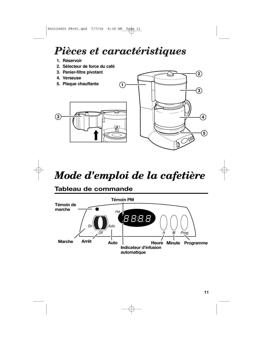 Hamilton Beach 46924 manual Pièces et caractéristiques, Mode demploi de la cafetière, Tableau de commande 