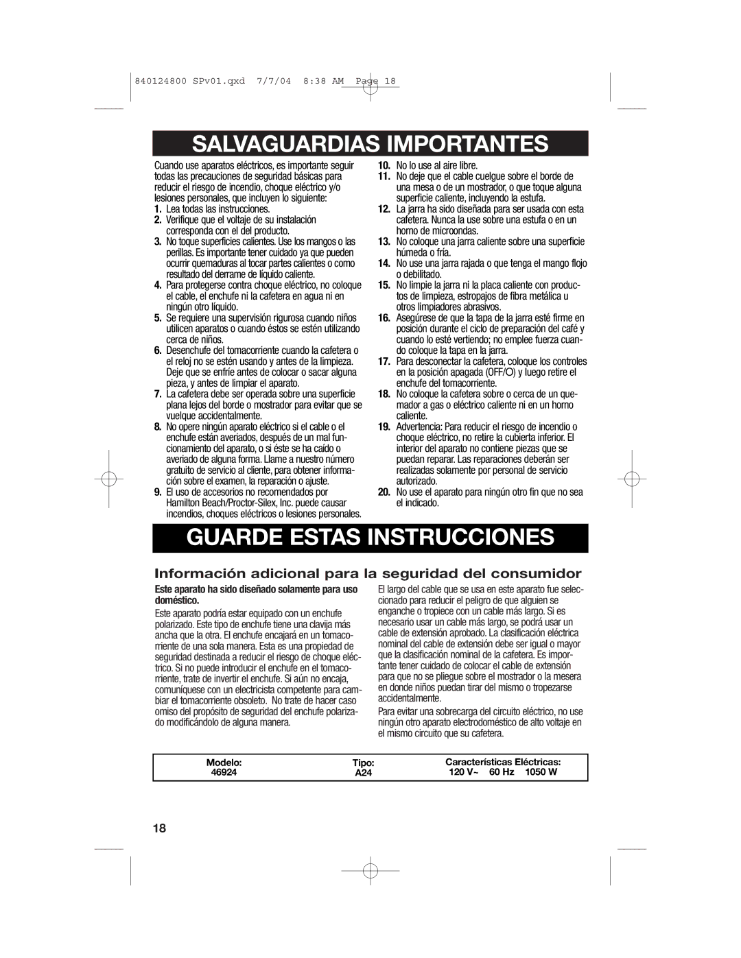 Hamilton Beach 46924 manual Salvaguardias Importantes 