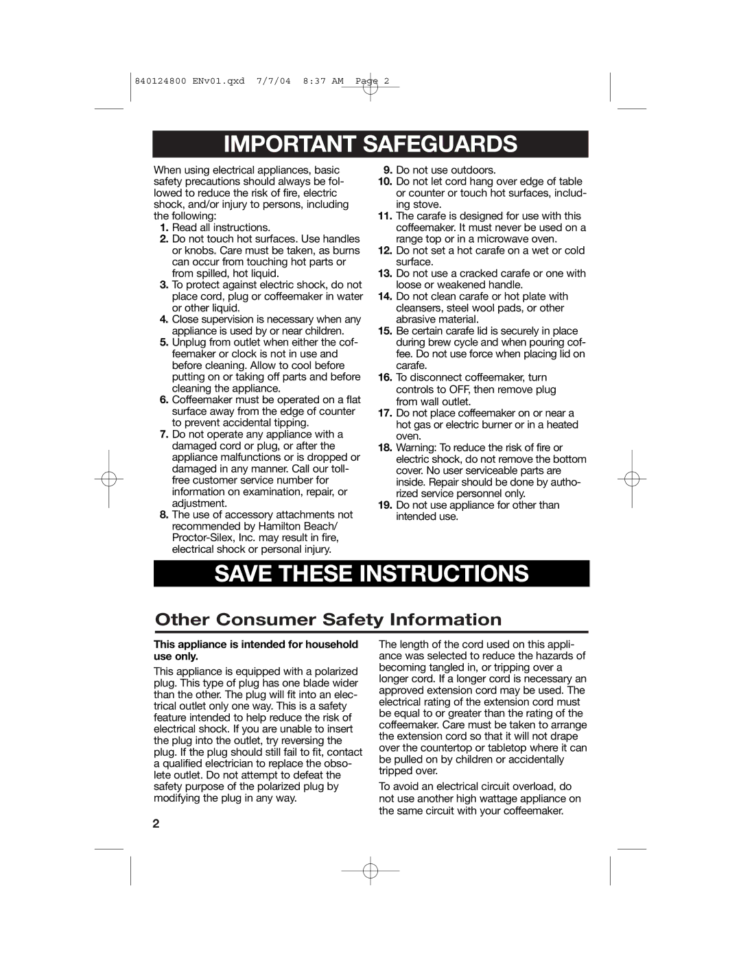 Hamilton Beach 46924 manual Important Safeguards, Other Consumer Safety Information 