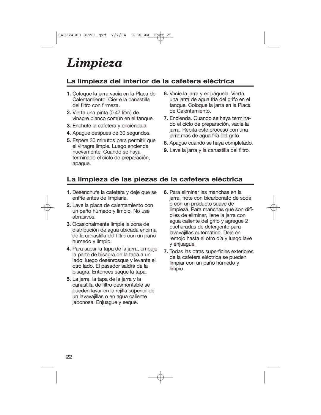 Hamilton Beach 46924 manual Limpieza, La limpieza del interior de la cafetera eléctrica 