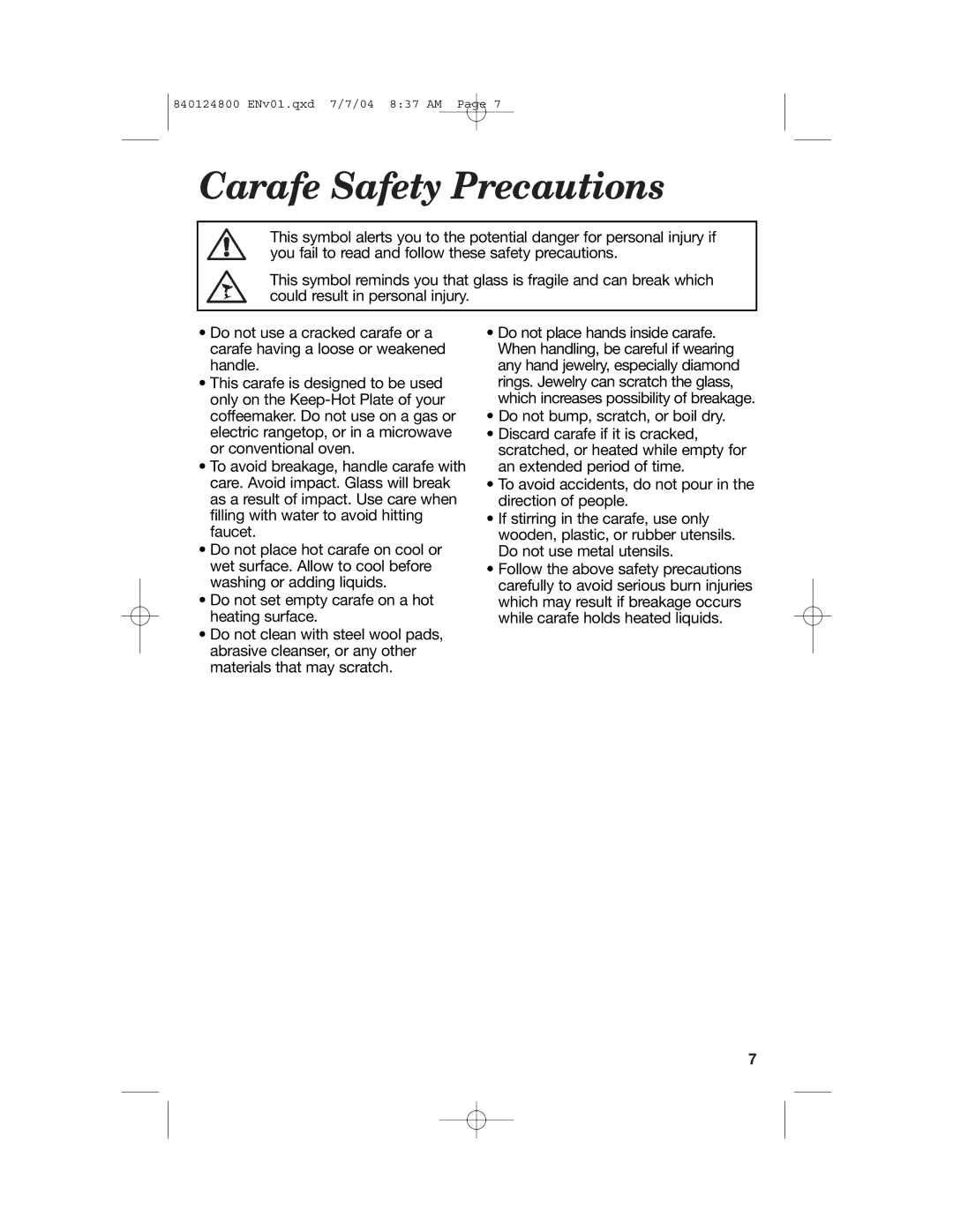 Hamilton Beach 46924 manual Carafe Safety Precautions 