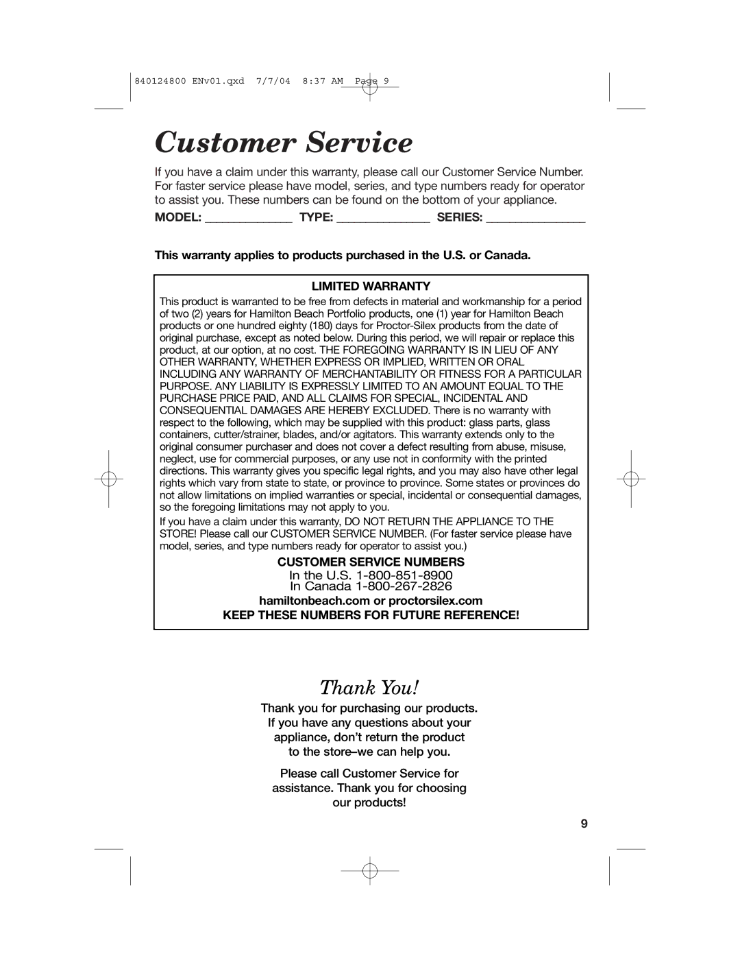 Hamilton Beach 46924 manual Customer Service, Limited Warranty 