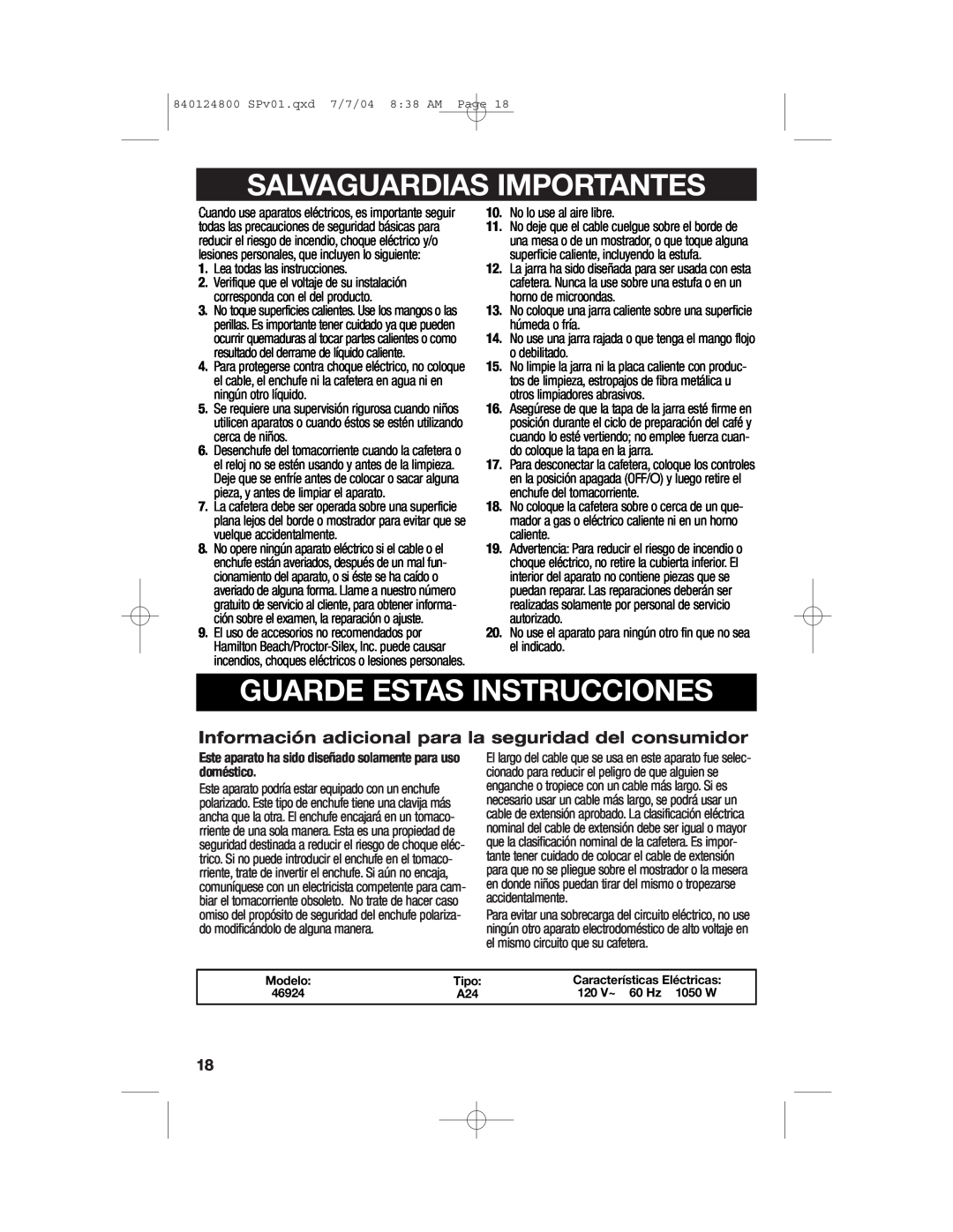 Hamilton Beach 46924 manual Salvaguardias Importantes, Guarde Estas Instrucciones, Modelo, Tipo, Características Eléctricas 