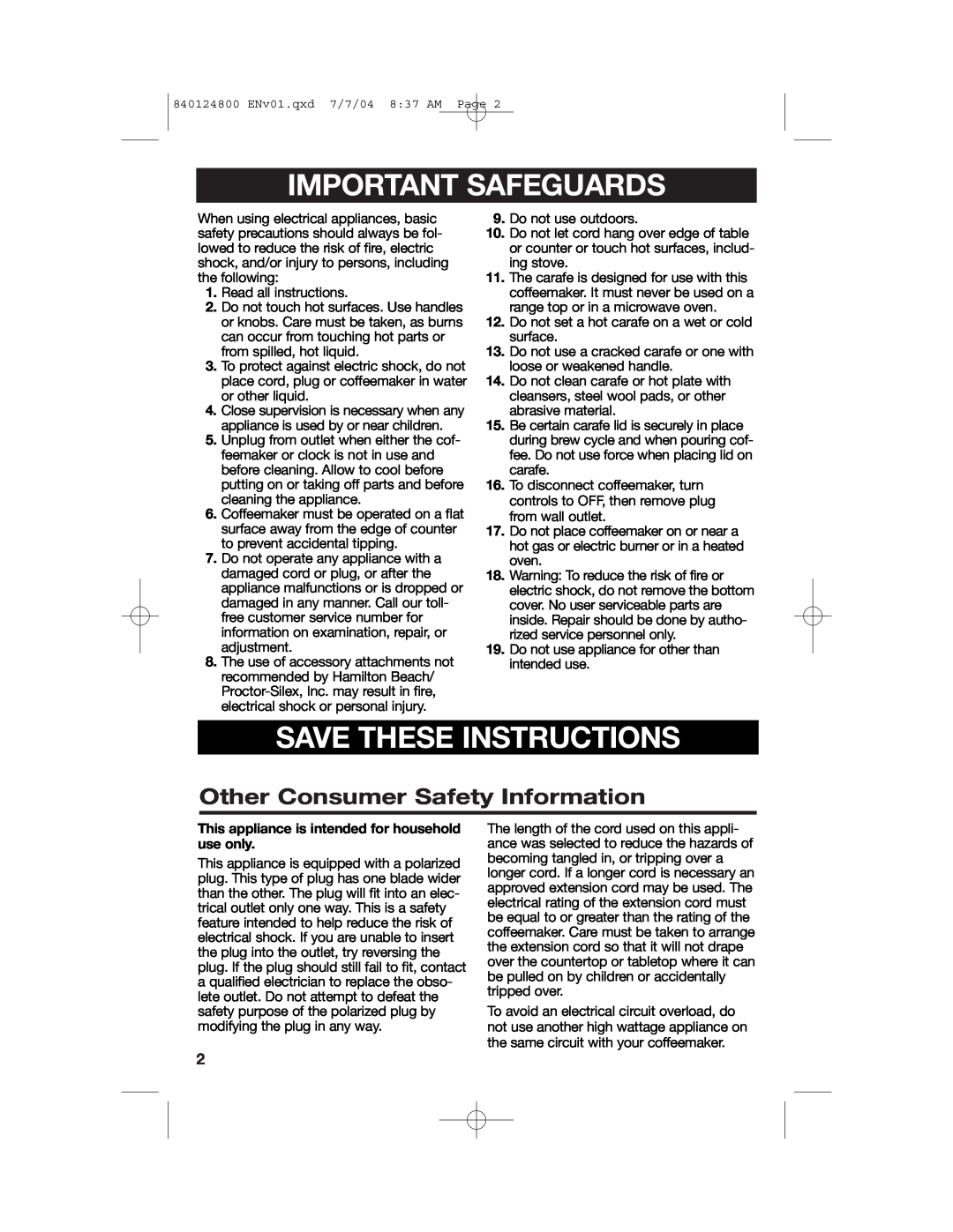 Hamilton Beach 46924 manual Important Safeguards, Save These Instructions, Other Consumer Safety Information 