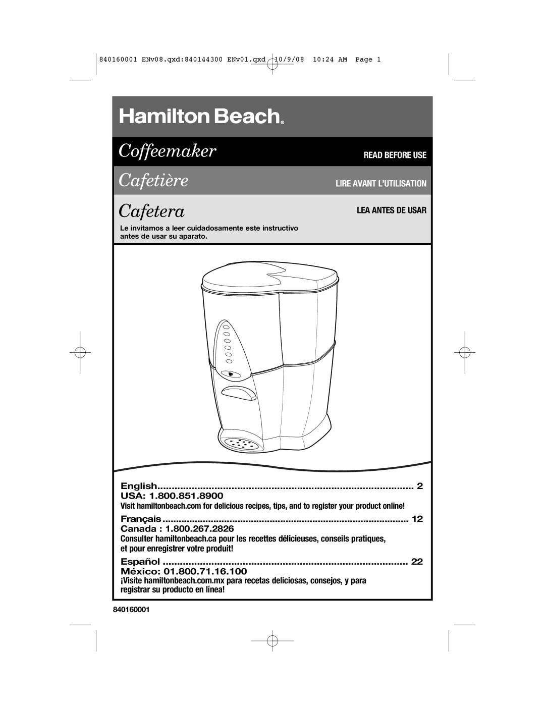 Hamilton Beach 47214 manual English USA Français Canada, Et pour enregistrer votre produit Español México 