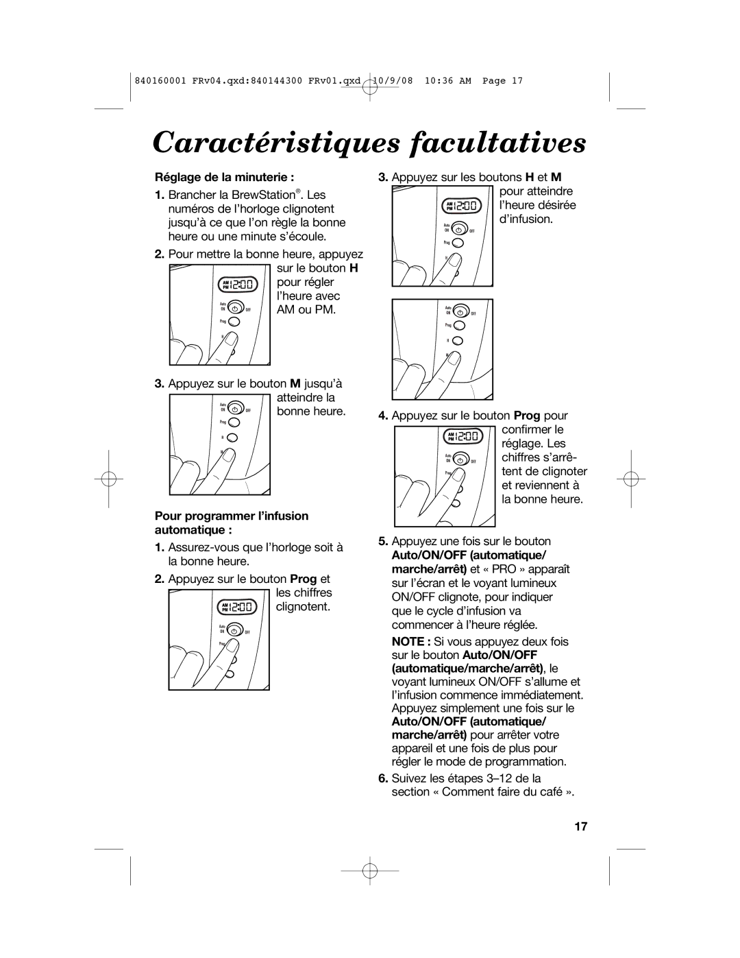 Hamilton Beach 47214 manual Caractéristiques facultatives, Réglage de la minuterie, Pour programmer l’infusion automatique 