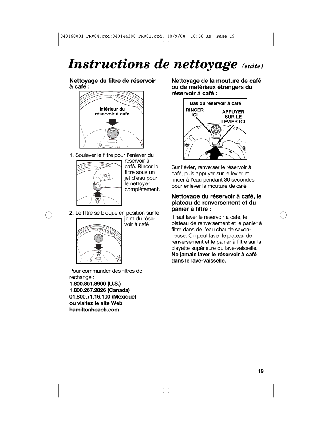 Hamilton Beach 47214 manual Instructions de nettoyage suite, Nettoyage du filtre de réservoir à café 