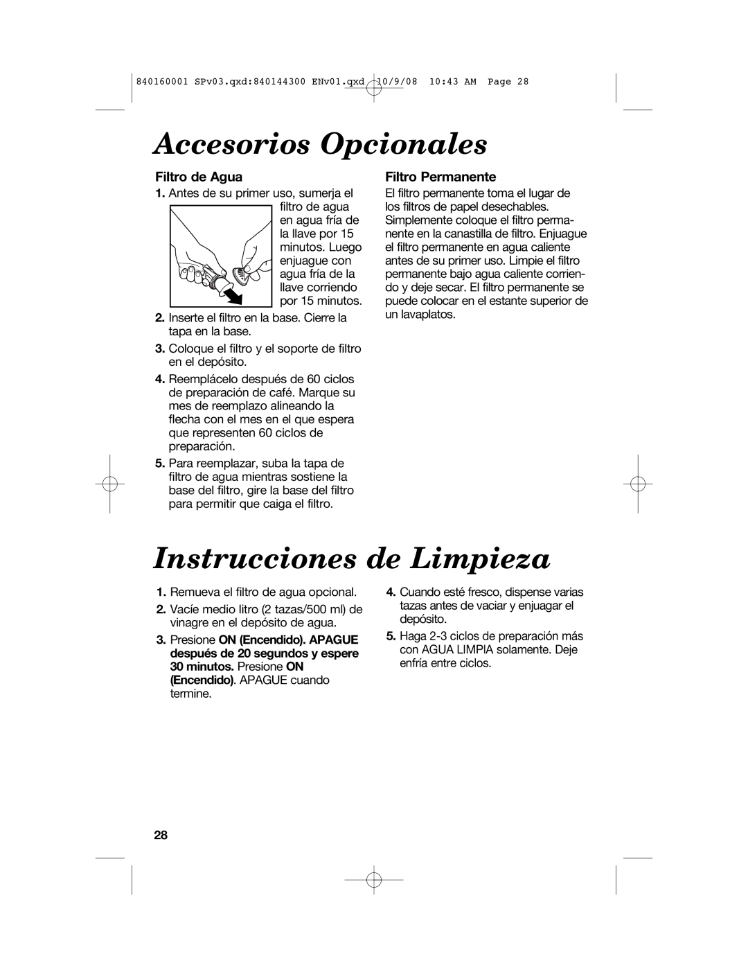 Hamilton Beach 47214 manual Accesorios Opcionales, Instrucciones de Limpieza, Filtro de Agua, Filtro Permanente 