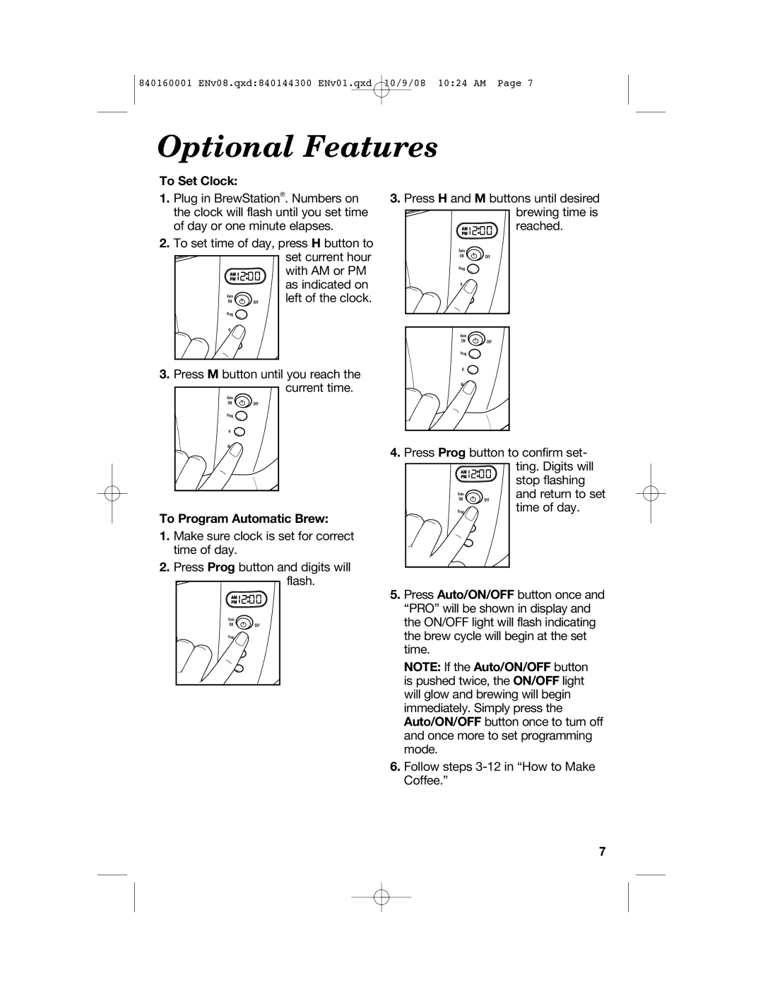 Hamilton Beach 47214 manual Optional Features, To Set Clock, To Program Automatic Brew 