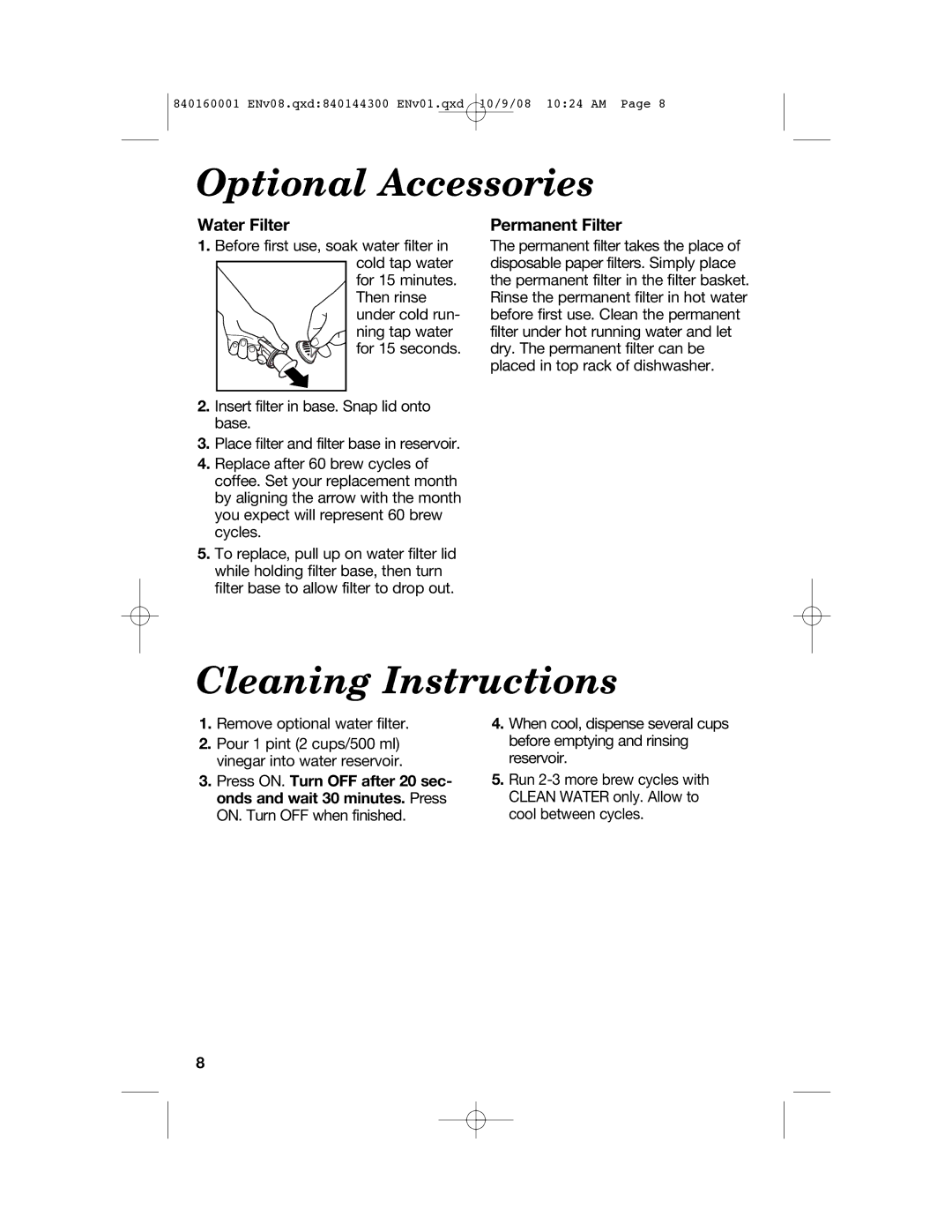 Hamilton Beach 47214 manual Optional Accessories, Cleaning Instructions, Water Filter, Permanent Filter 