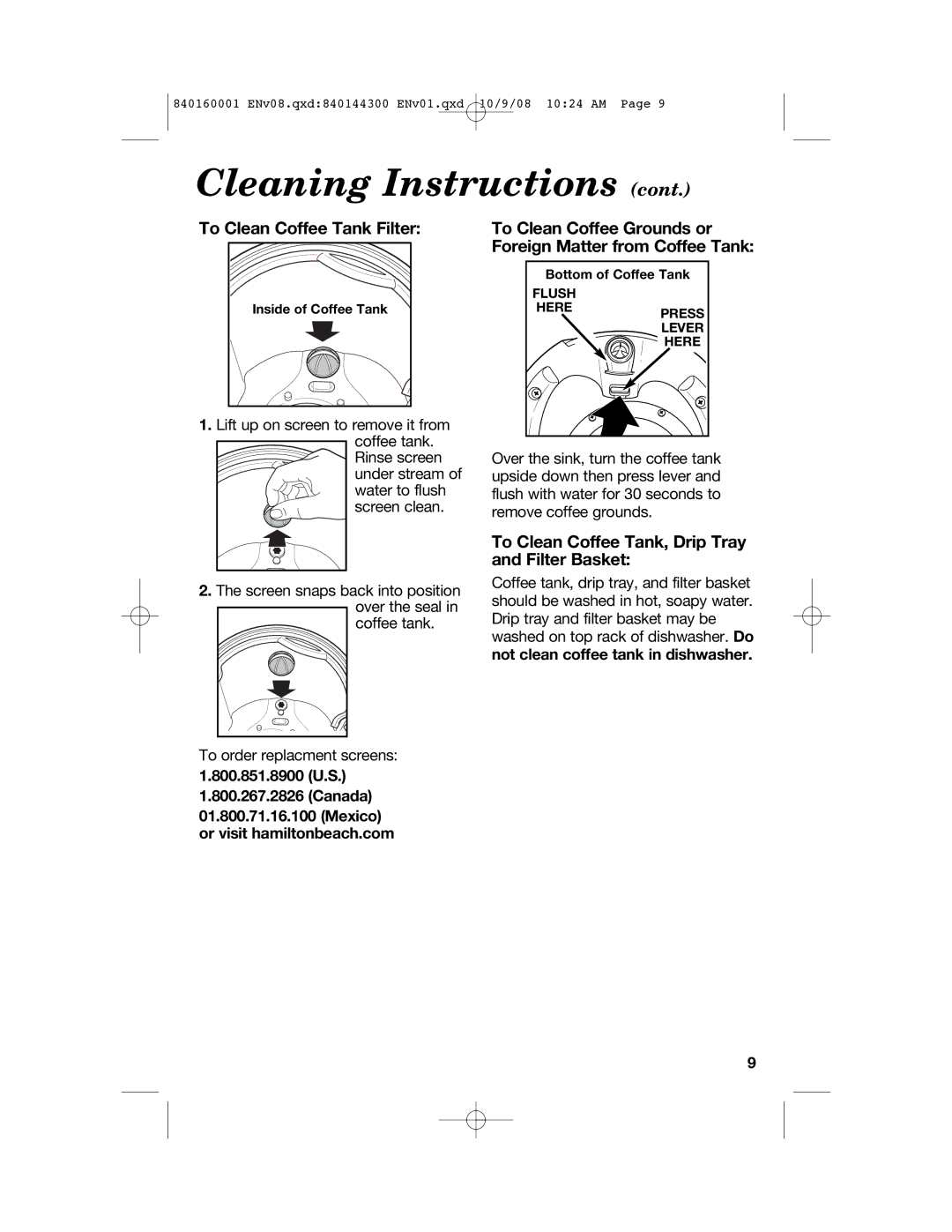 Hamilton Beach 47214 manual To Clean Coffee Tank Filter, To Clean Coffee Tank, Drip Tray and Filter Basket 