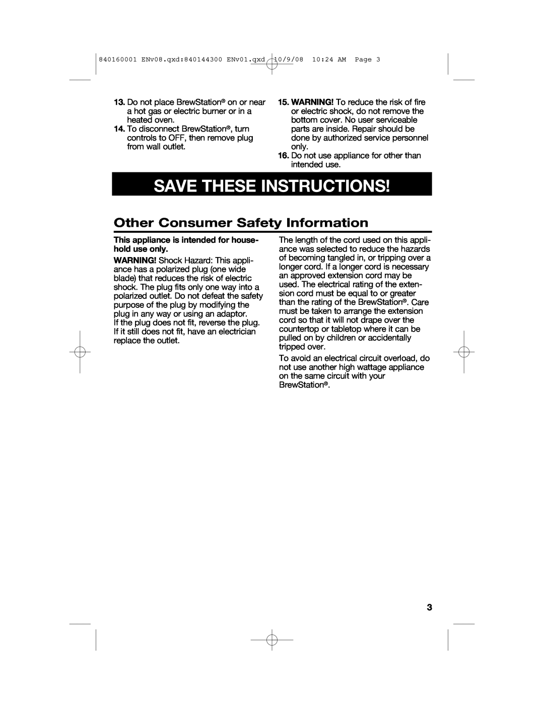 Hamilton Beach 47214 manual Save These Instructions, Other Consumer Safety Information 