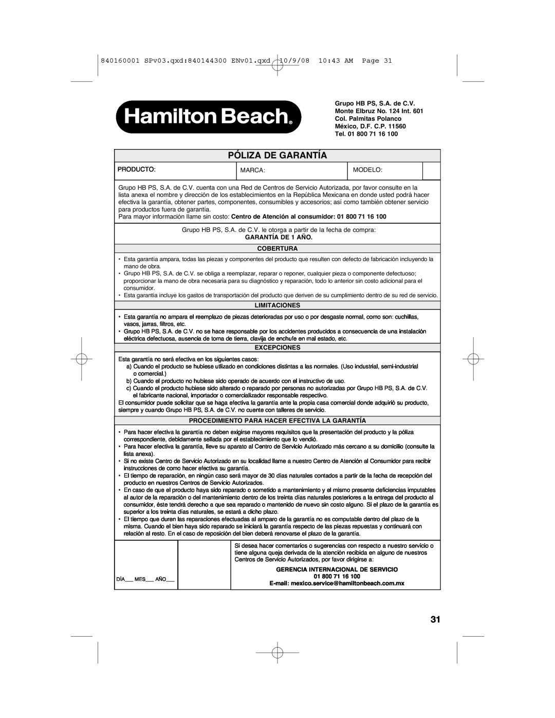 Hamilton Beach 47214 manual Póliza De Garantía, 10/9/08 10 43 AM Page, 840160001 SPv03.qxd 840144300 ENv01.qxd 