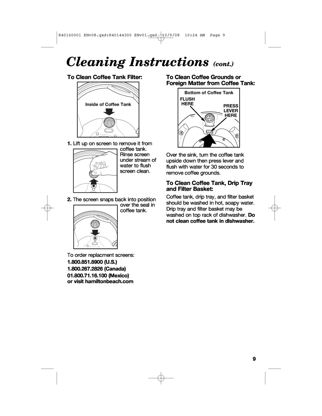 Hamilton Beach 47214 Cleaning Instructions cont, To Clean Coffee Tank Filter, 1.800.851.8900 U.S. 1.800.267.2826 Canada 