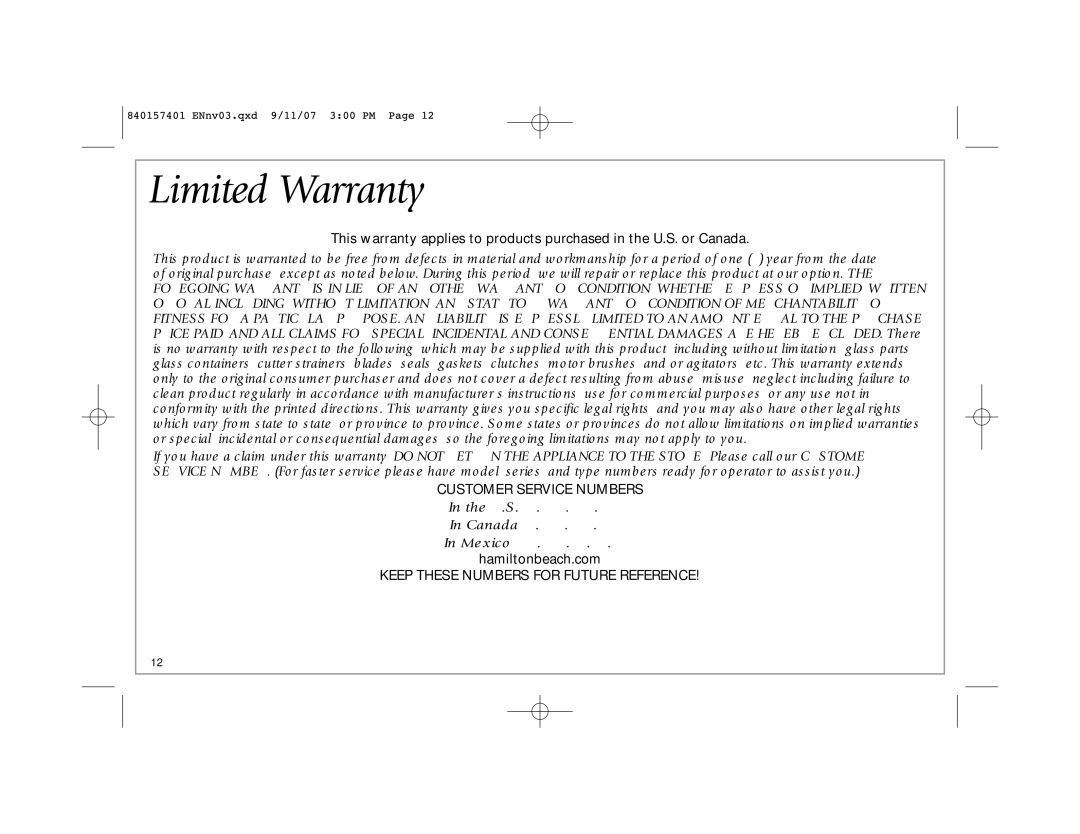 Hamilton Beach 47334C manual Limited Warranty, Hamiltonbeach.com 