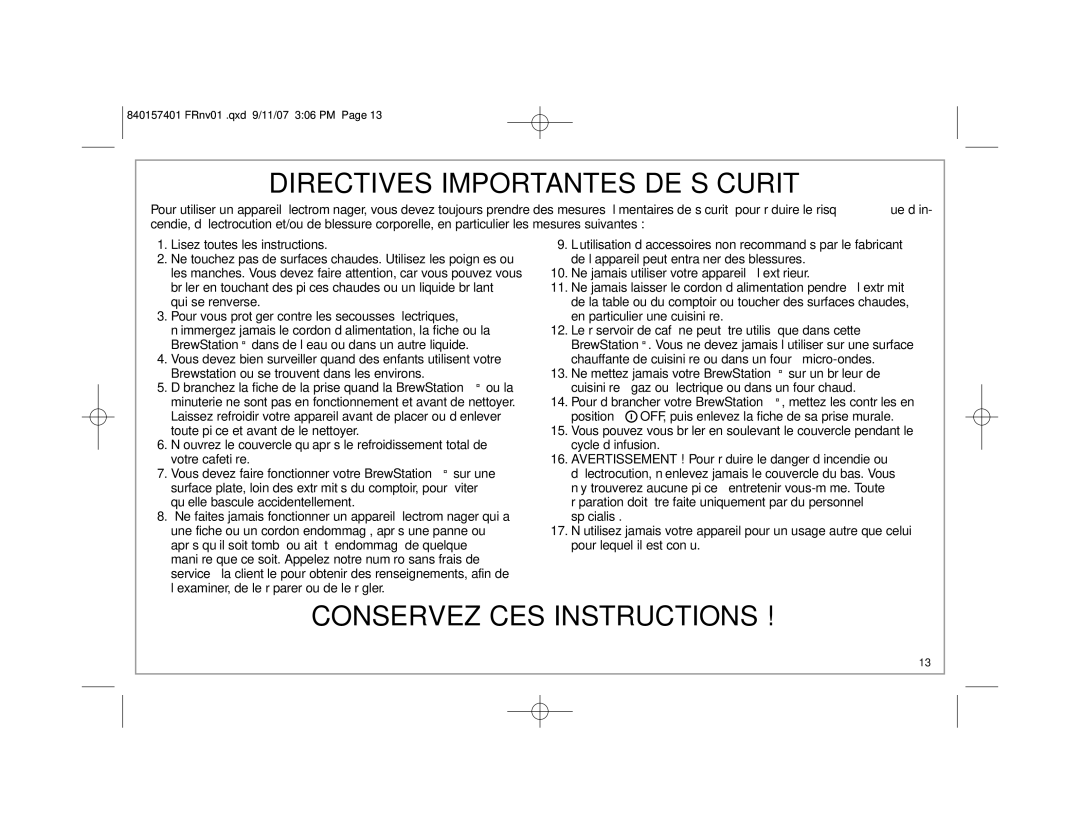 Hamilton Beach 47334C manual Directives Importantes DE Sécurité 