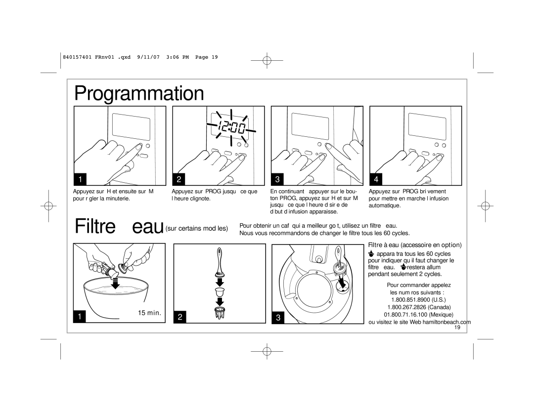 Hamilton Beach 47334C manual Programmation, min Filtre à eau accessoire en option 