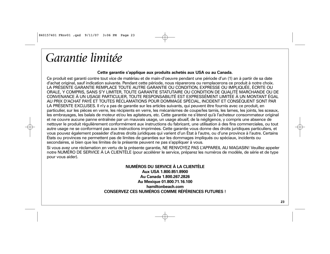 Hamilton Beach 47334C manual Garantie limitée, Aux USA Au Canada Au Mexique Hamiltonbeach.com 