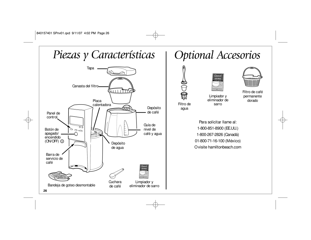 Hamilton Beach 47334C manual Piezas y Características, Optional Accesorios 