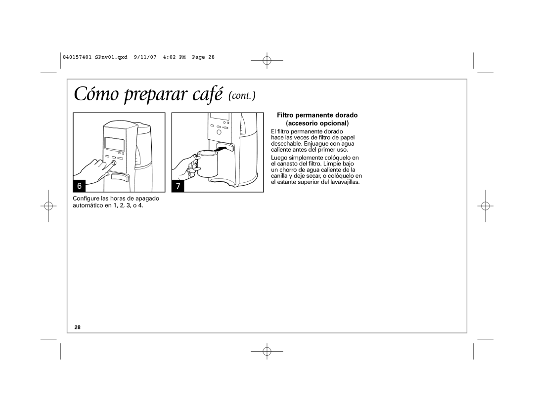 Hamilton Beach 47334C manual Cómo preparar café, Filtro permanente dorado Accesorio opcional 