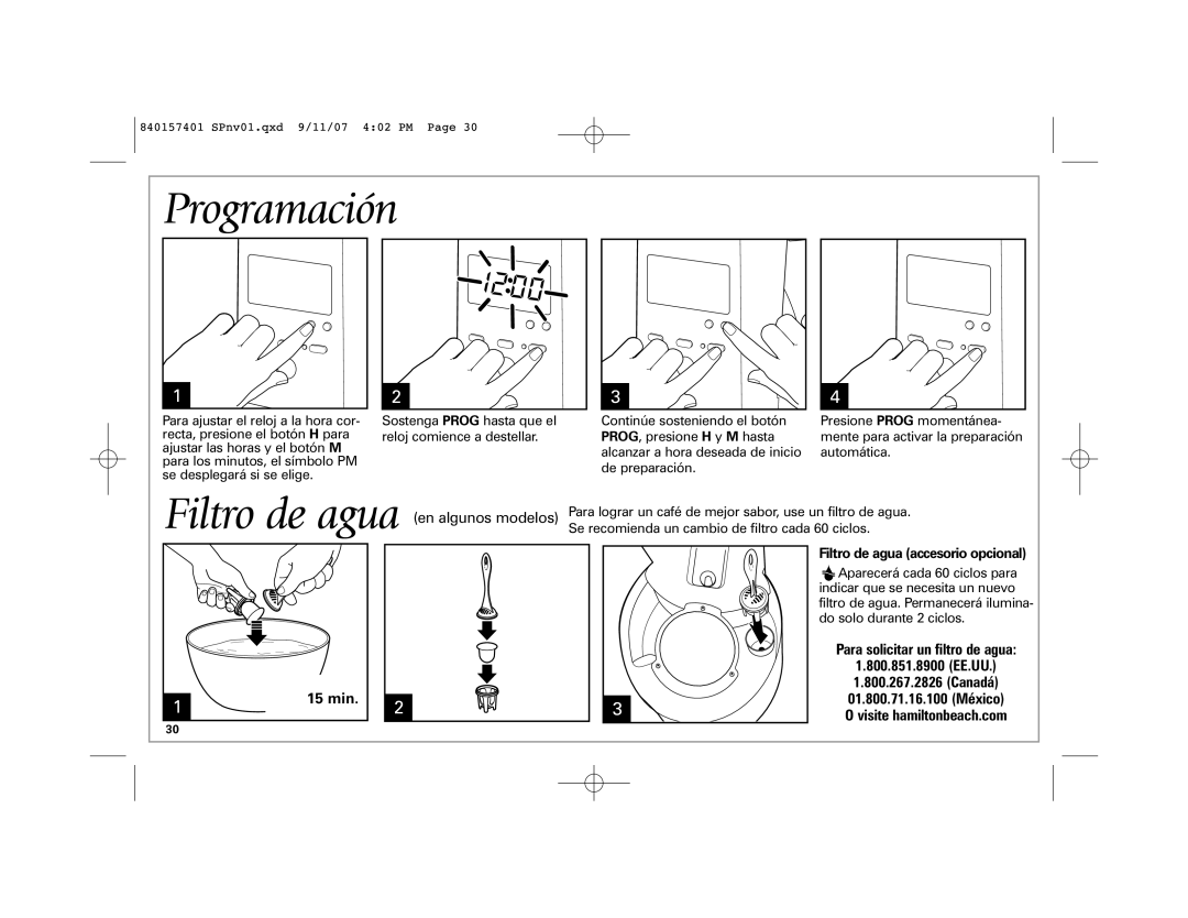 Hamilton Beach 47334C manual Programación, min Filtro de agua accesorio opcional, Para solicitar un filtro de agua 