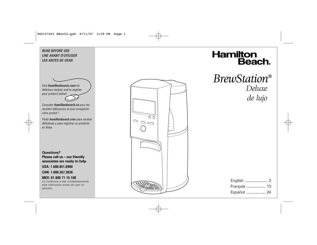 Hamilton Beach 47334C manual BrewStation, Deluxe de lujo, Read Before Use Lire Avant D’Utiliser Lea Antes De Usar, English 