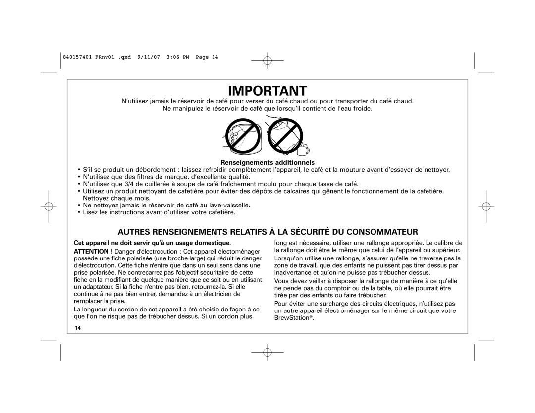 Hamilton Beach 47334C manual Autres Renseignements Relatifs À La Sécurité Du Consommateur, Renseignements additionnels 