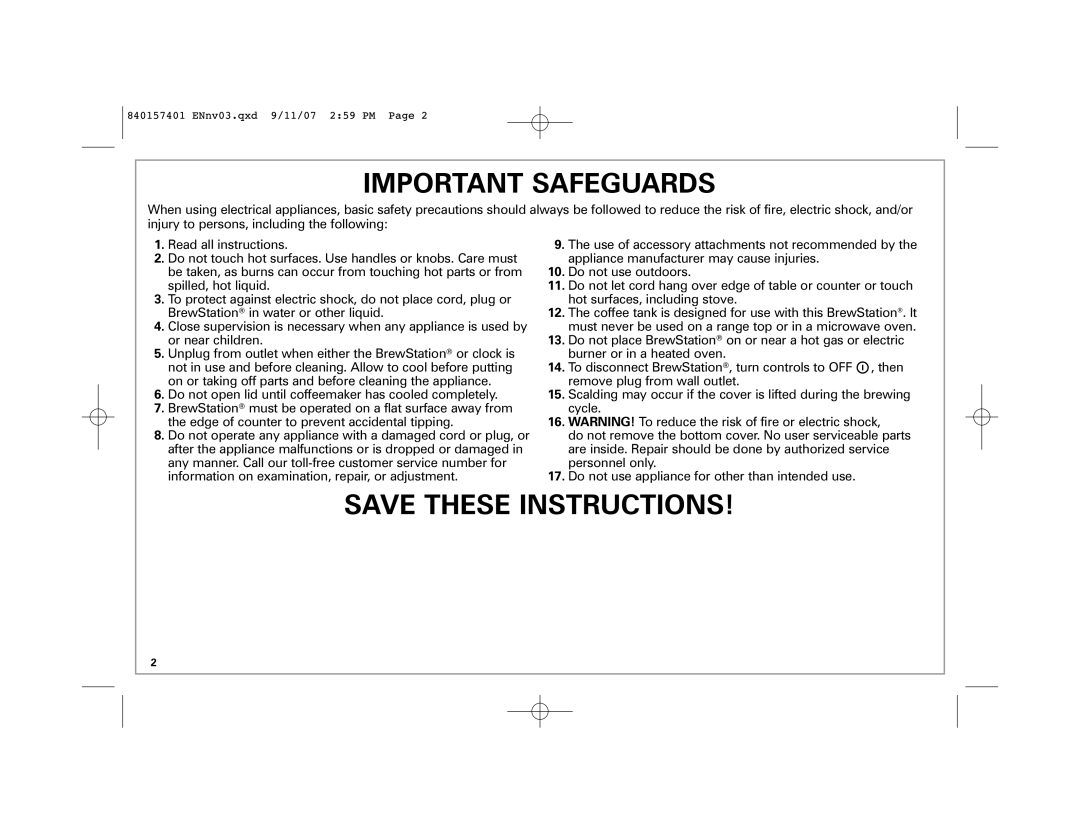 Hamilton Beach 47334C manual Important Safeguards, Save These Instructions 