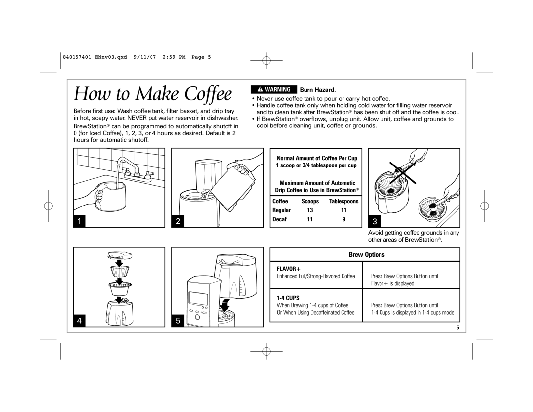 Hamilton Beach 47334C manual How to Make Coffee, Brew Options, w WARNING, Regular, Decaf, Flavor+, Cups 