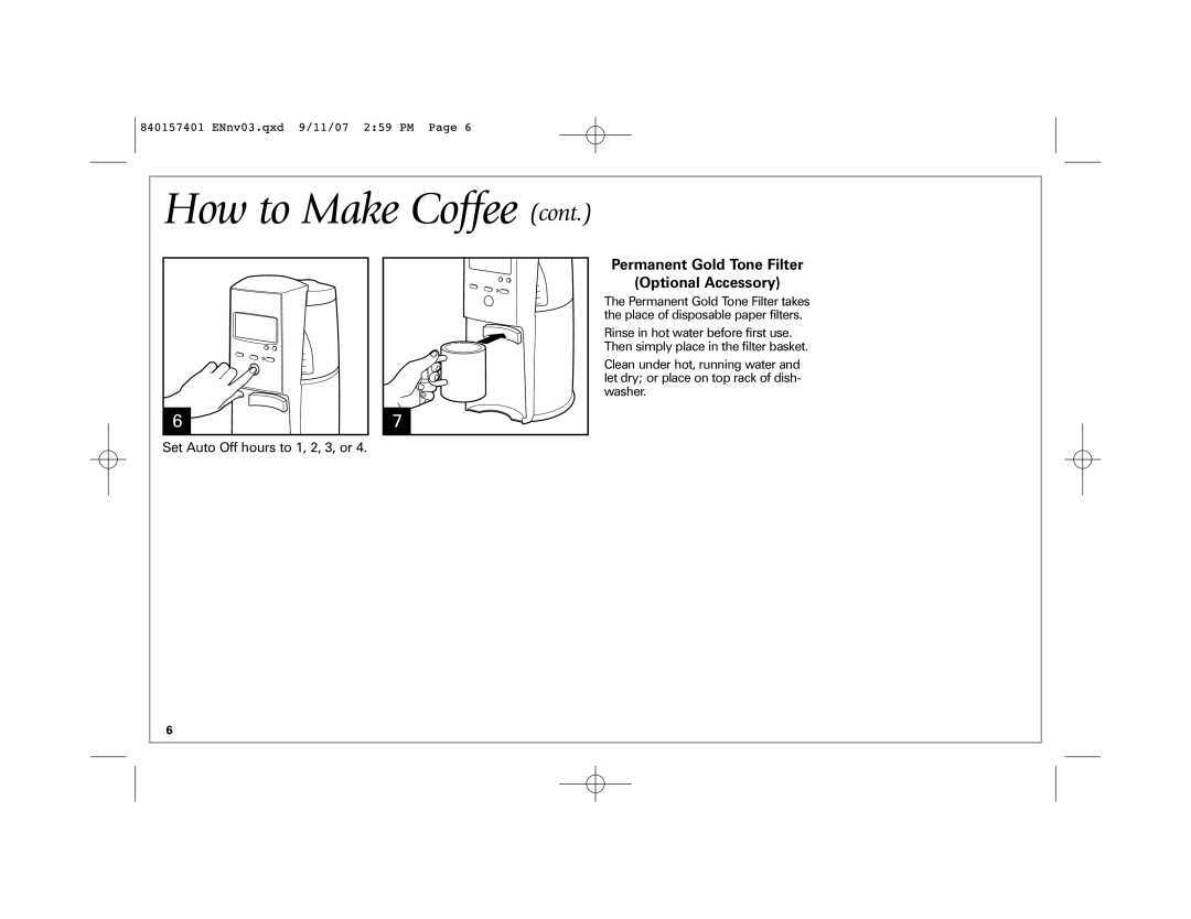 Hamilton Beach 47334C manual How to Make Coffee cont, Permanent Gold Tone Filter Optional Accessory 