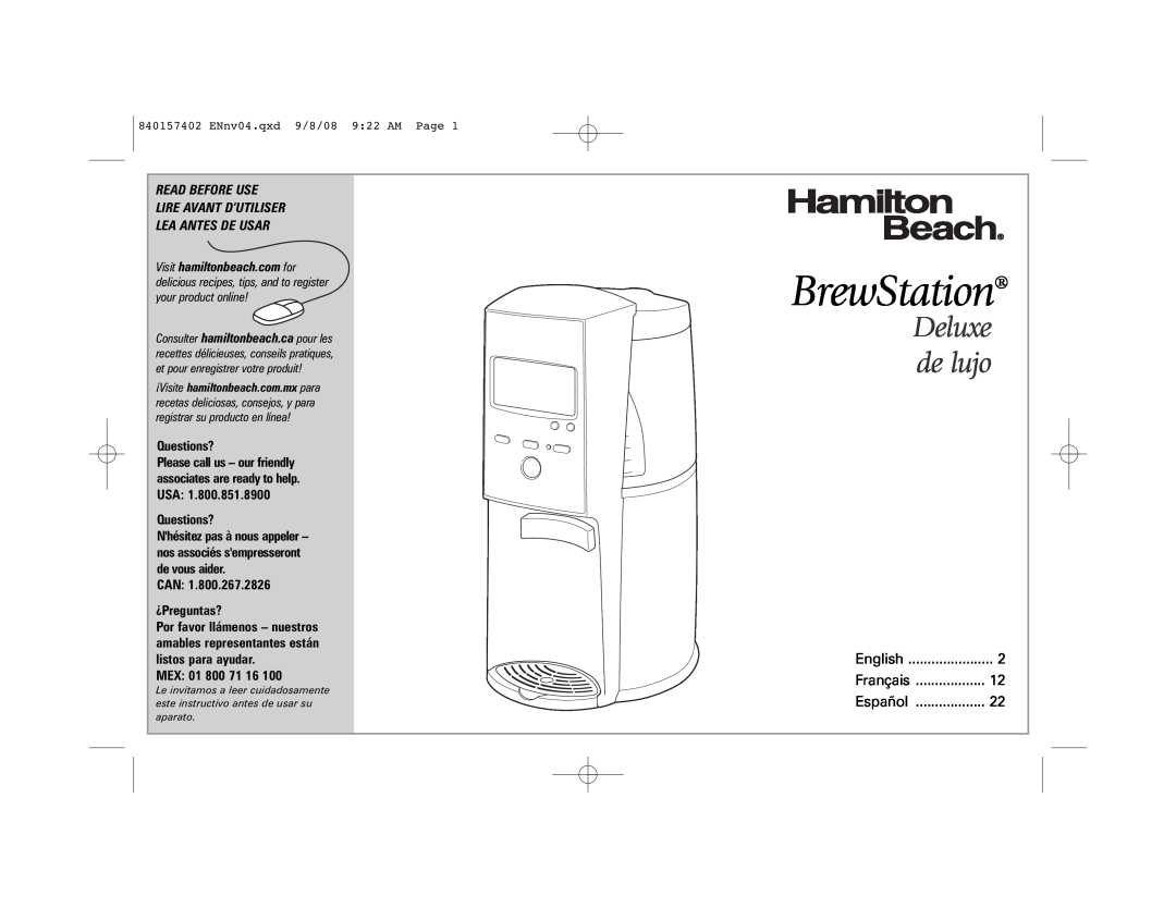 Hamilton Beach 47334H manual BrewStation, Deluxe de lujo, Read Before Use Lire Avant D’Utiliser Lea Antes De Usar 