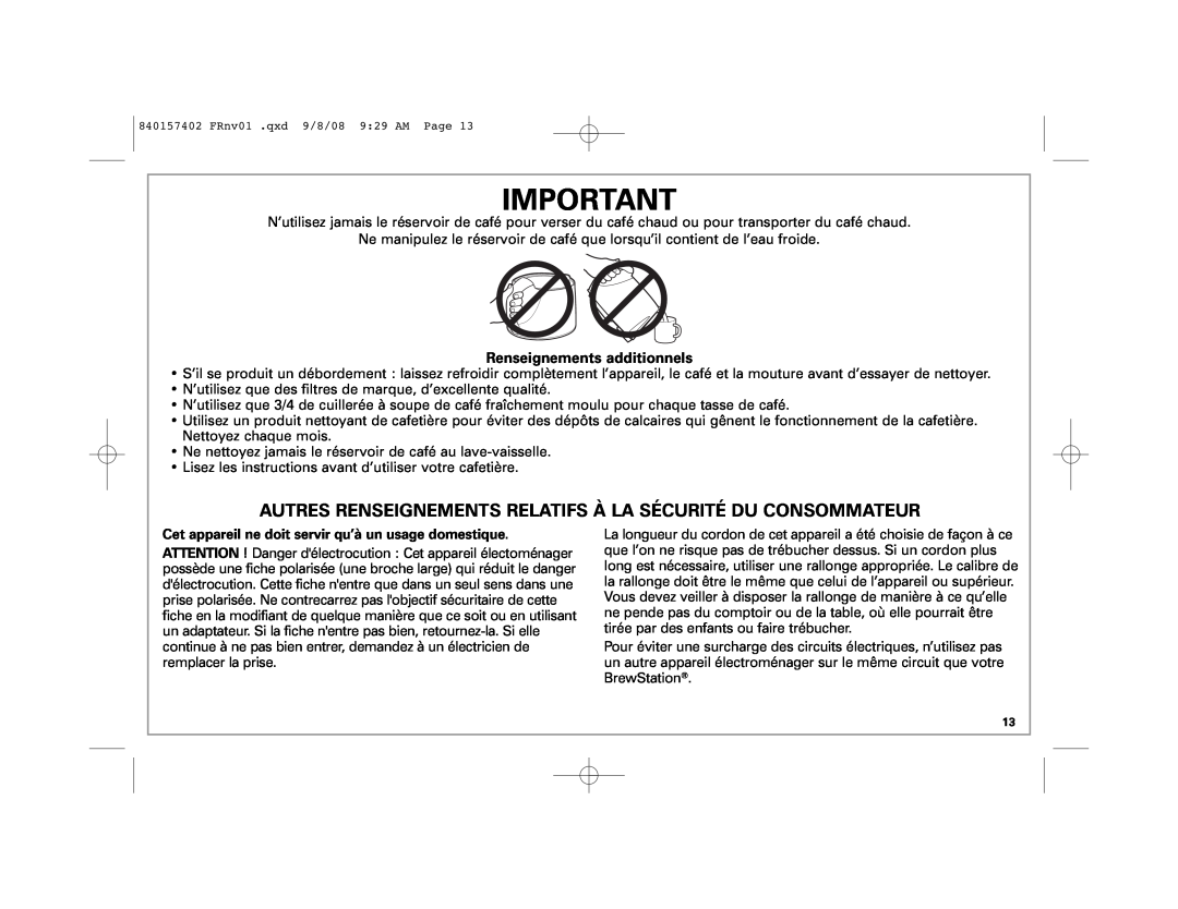Hamilton Beach 47334H manual Autres Renseignements Relatifs À La Sécurité Du Consommateur, Renseignements additionnels 