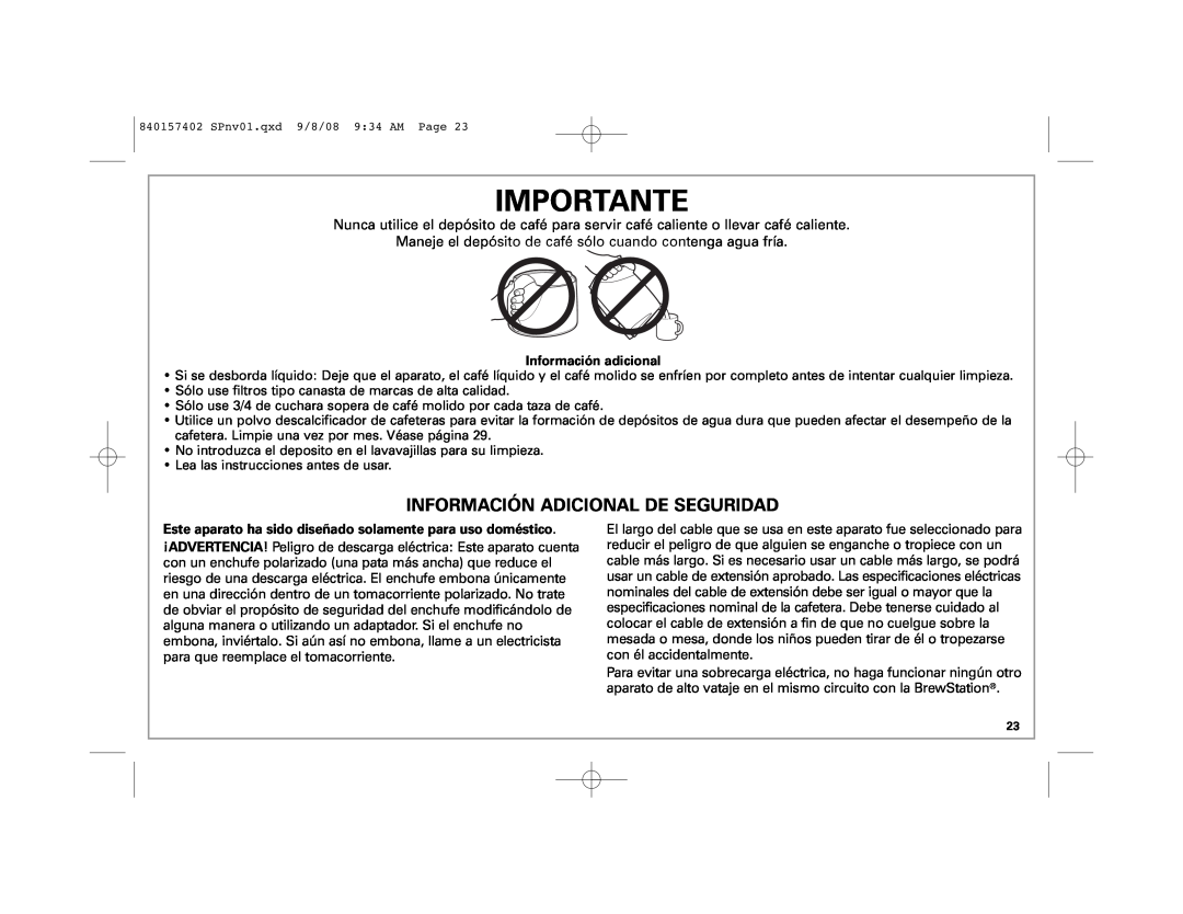 Hamilton Beach 47334H manual Importante, Información Adicional De Seguridad 
