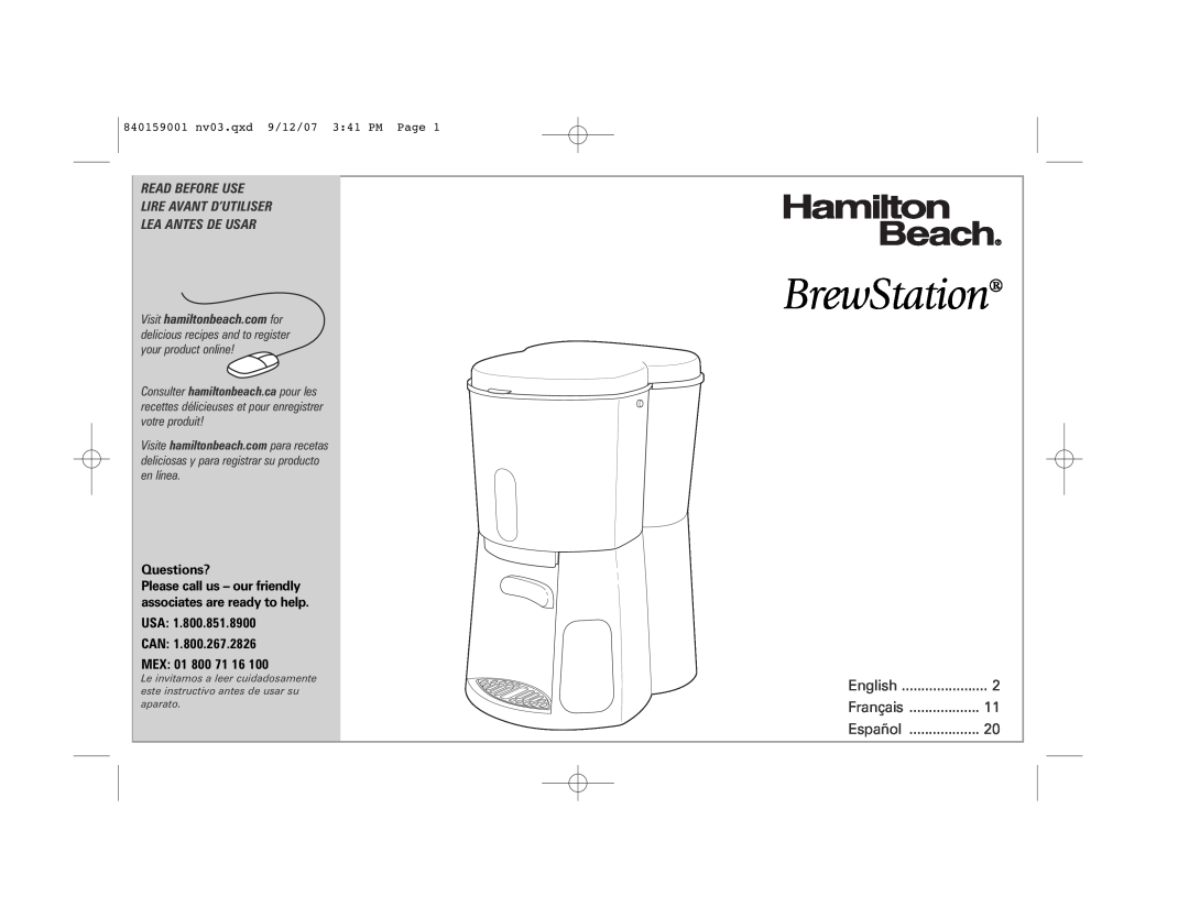 Hamilton Beach 47304 manual BrewStation, Read Before Use Lire Avant D’Utiliser, Lea Antes De Usar, Questions?, English 