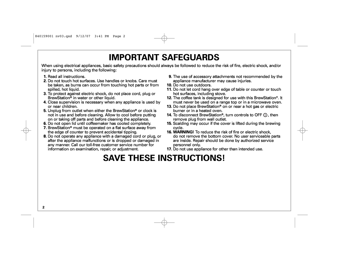 Hamilton Beach 44371, 47374, 47304, 44304, 44301 manual Important Safeguards, Save These Instructions 
