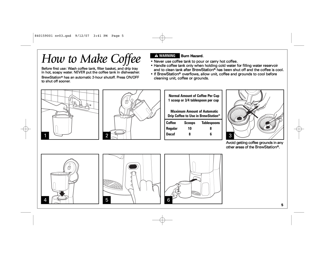Hamilton Beach 47374, 47304, 44371, 44304, 44301 manual How to Make Coffee, w WARNING, Burn Hazard, Scoops, Regular, Decaf 