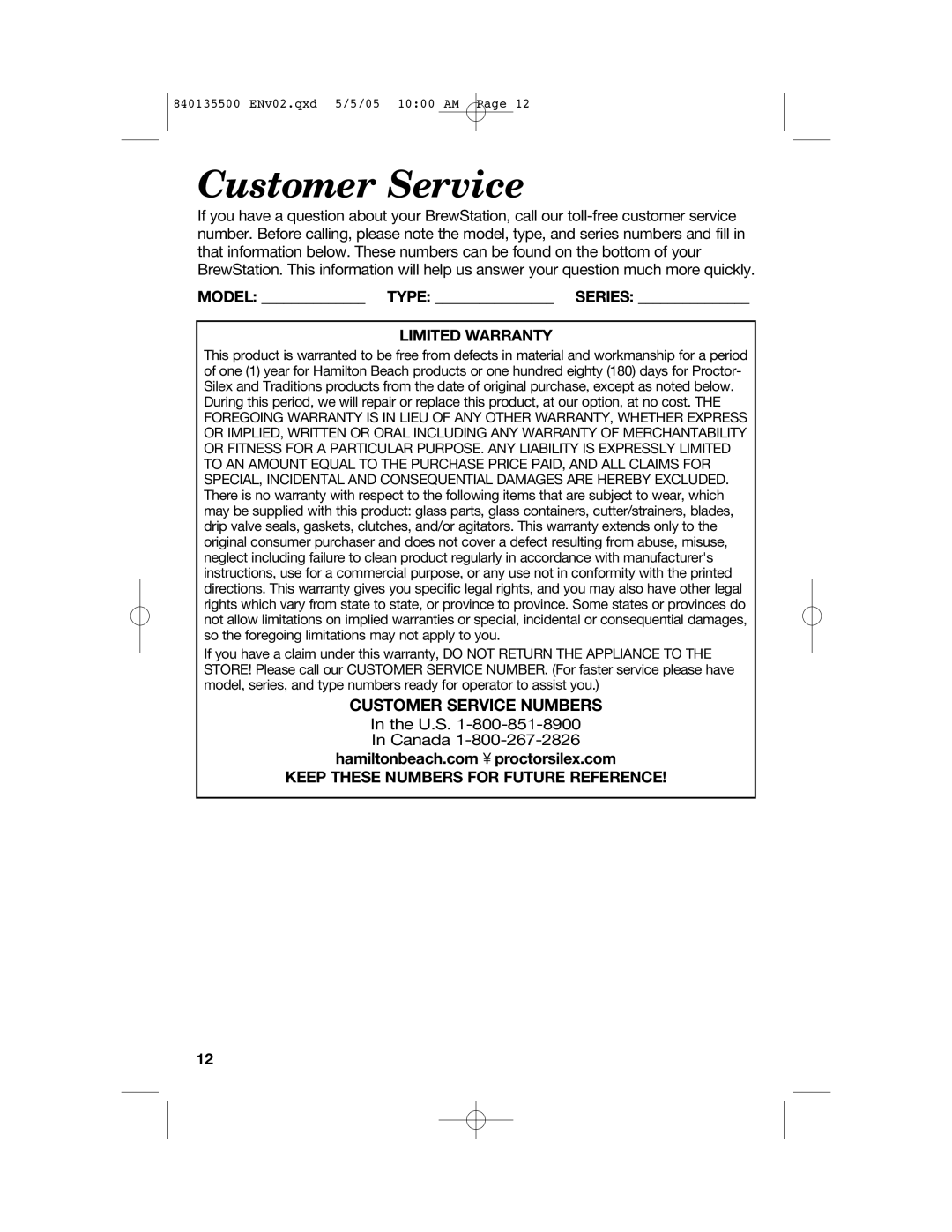 Hamilton Beach 47451 manual Customer Service, Model Type Series, Limited Warranty, Keep These Numbers for Future Reference 